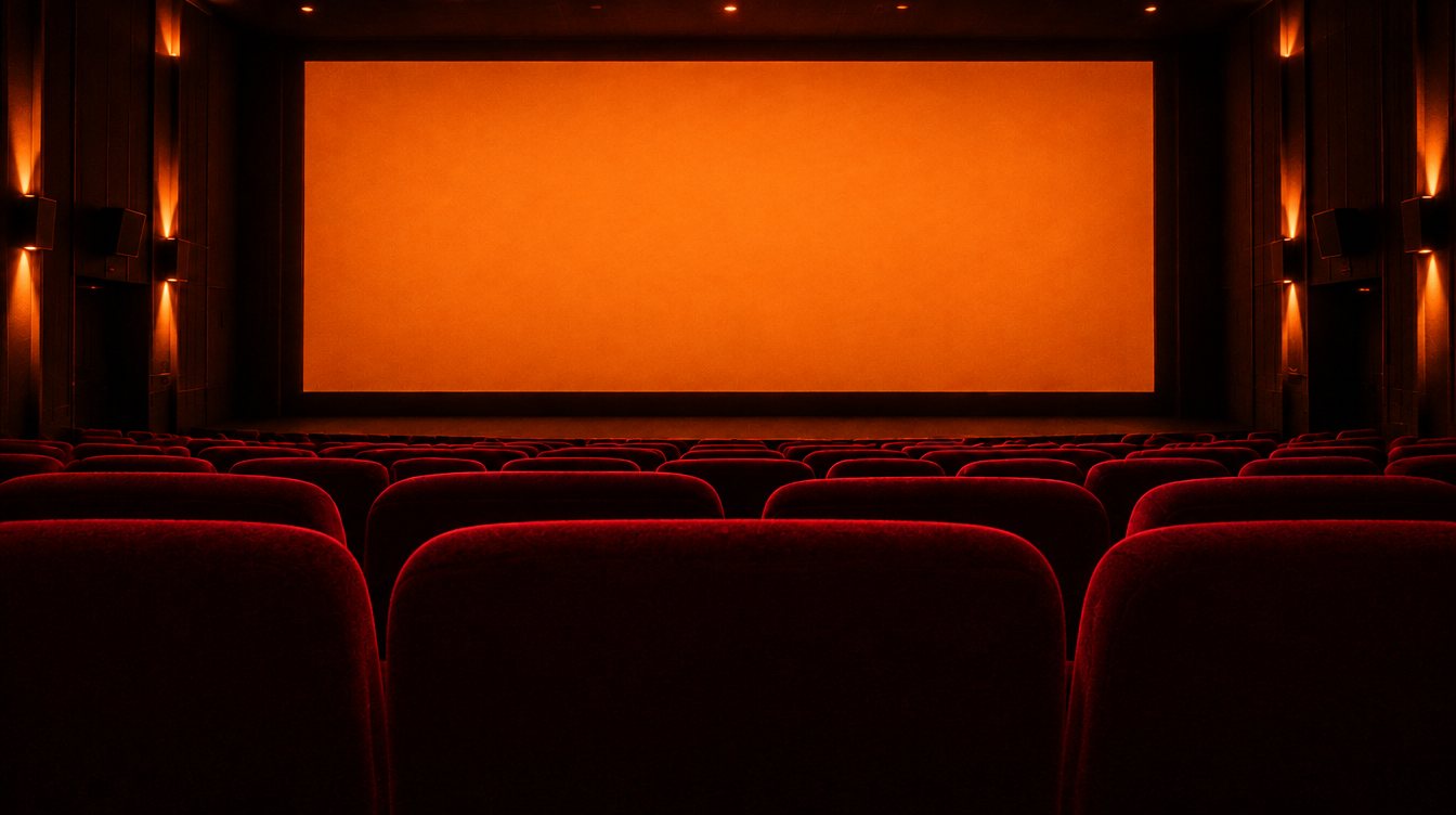 An empty screening room with red seats and a glowing orange screen
