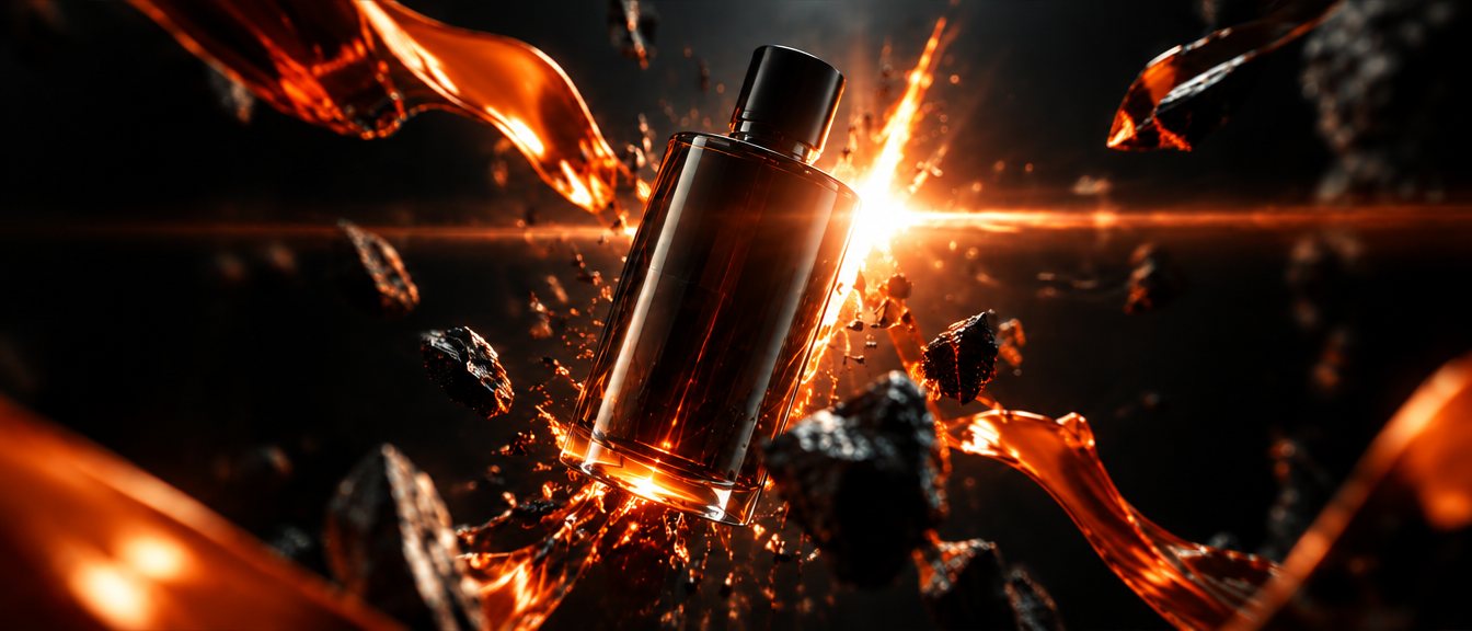 Frame from the 2026 showreel: a perfume bottle bursting into orange liquid and sparks